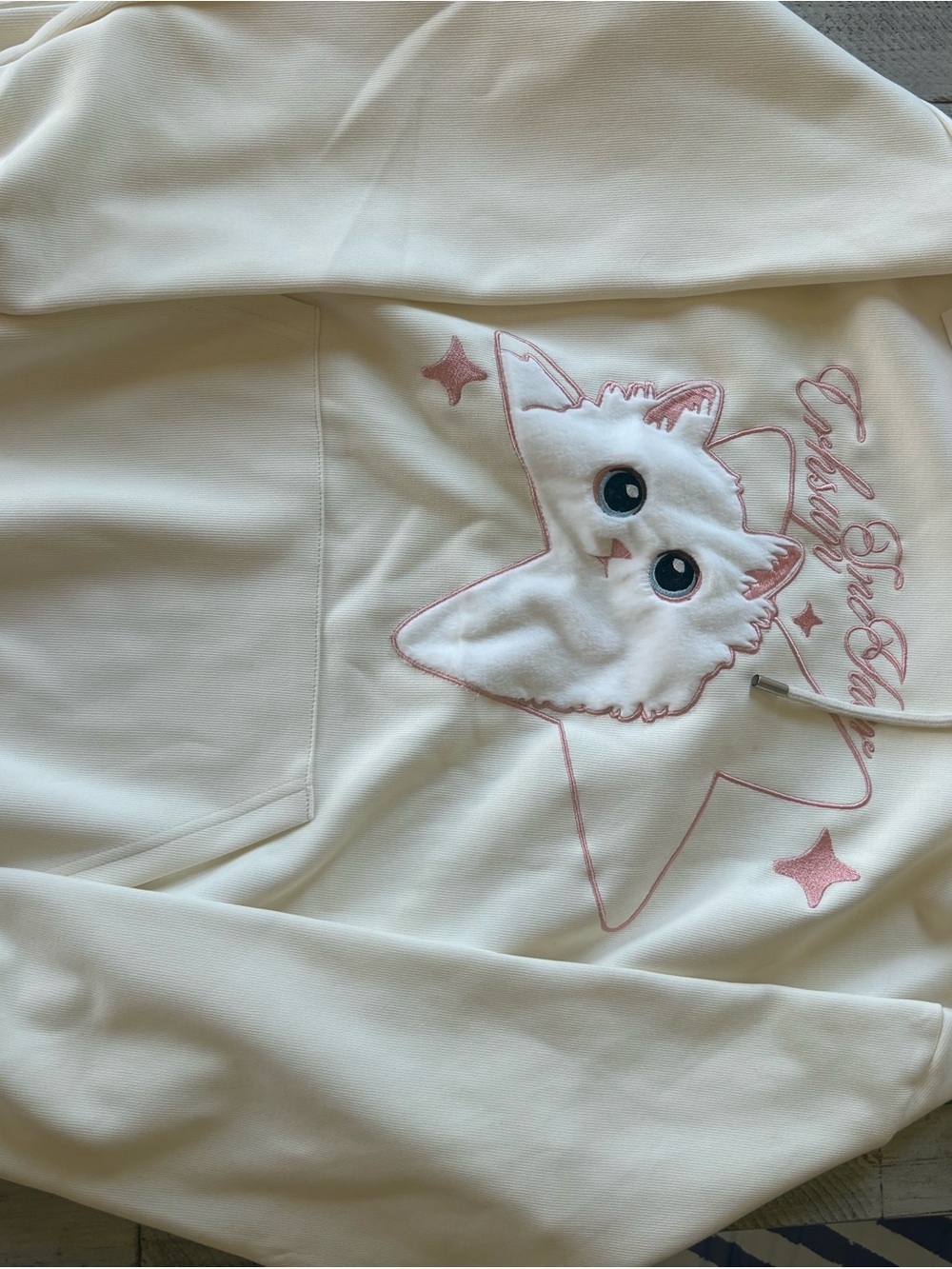 Aelfric Eden Cream Hoodie with Pink kitten Script Embroidery large